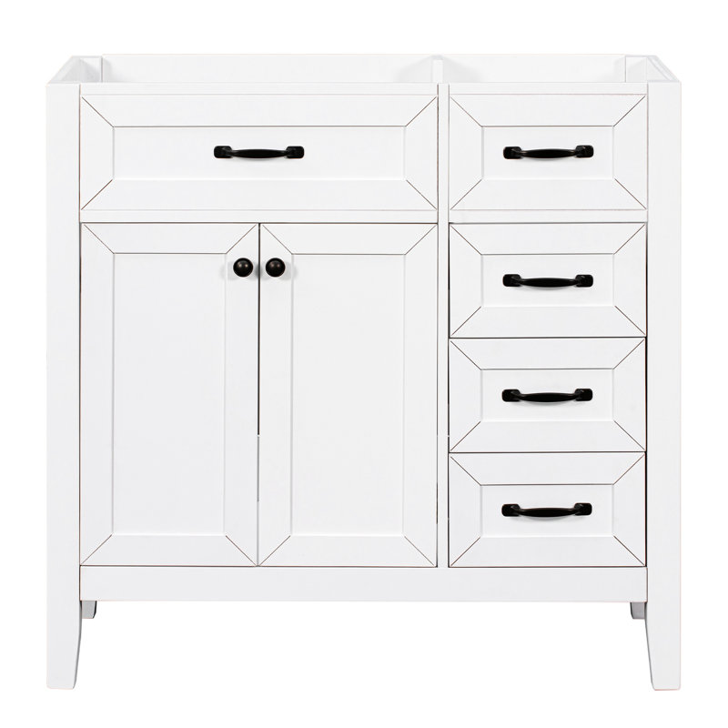 Base de meuble-lavabo blanc de 36 po seulement. Armoire à tiroirs pour le rangement. Bois massif et design moderne. Autoportante. Base requise pour l'assemblage. Meubles en caoutchouc.