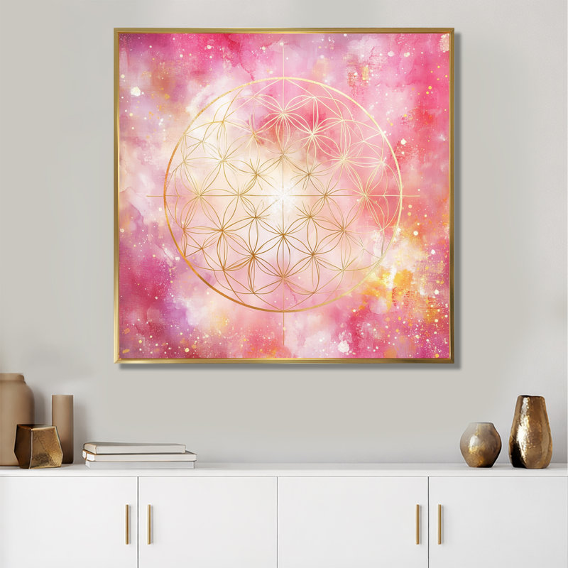 Boho Glam, art mural Mandala rose, mandala rose - Boho Glam Bloom, H 30 po x l 30 po, Cadre flottant doré