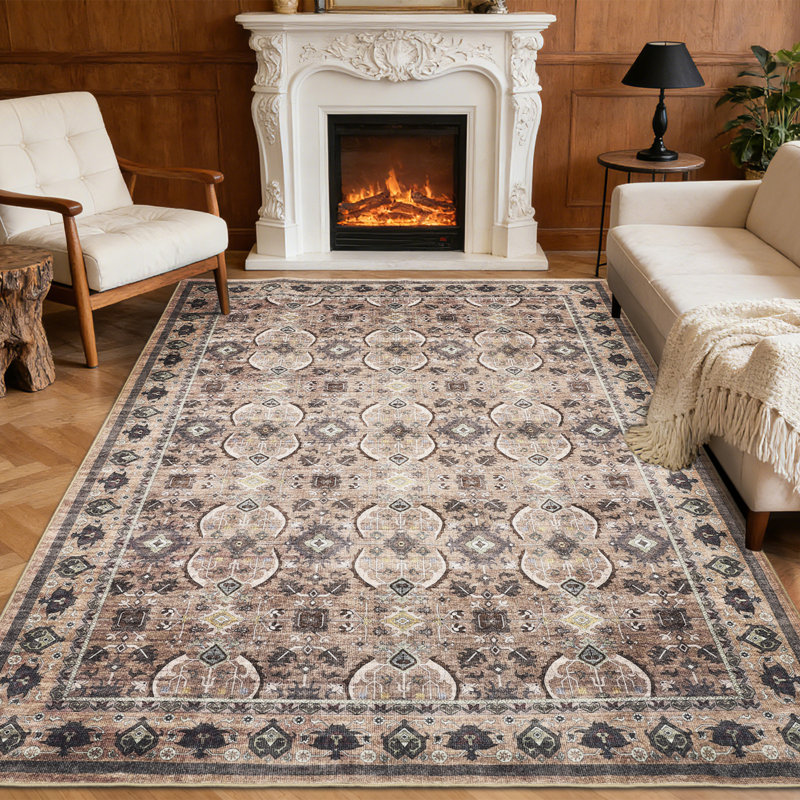 Area Rug 5×7, Washable Vintage Boho Rug, Low-Pile Non-Slip Stain Resistant Carpet for Living Room, Bedroom, Dining Room, Kids Nursery, Camel