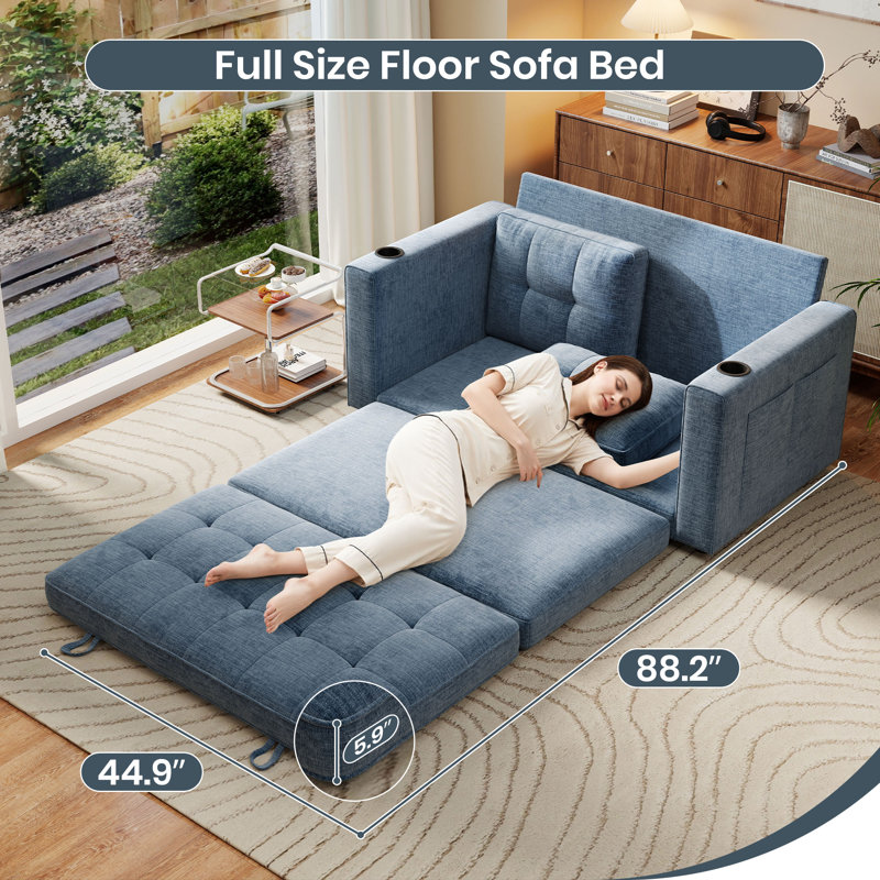 George 55" Upholstered Chenille Convertible Futon Sofa Bed, Fold-Out Loveseat Sleeper with Cup Holder and Storage Pockets