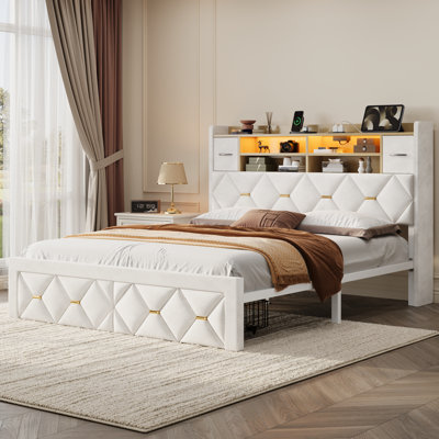 Balconera Velvet Upholstery Platform Bed With 2 Under-Bed Drawes & Headboard Storage
