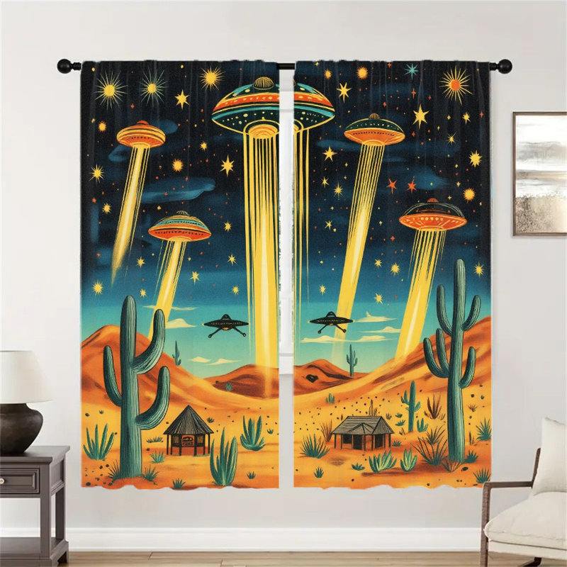 2Pcs Retro Sci-Fi Desert UFO Curtains, Mid-Century Modern Alien Spaceship Scene Window Drapes for Living Room Bedroom Kitchen Rod Pocket Decor