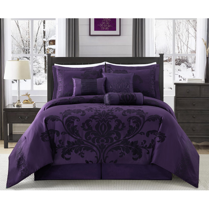 King Purple Jacquard Floral 7-Piece Comforter Set