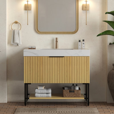 Meuble-lavabo autoportant 36 po avec comptoir en pierre et lavabo en céramique, tiroir de rangement et tablette