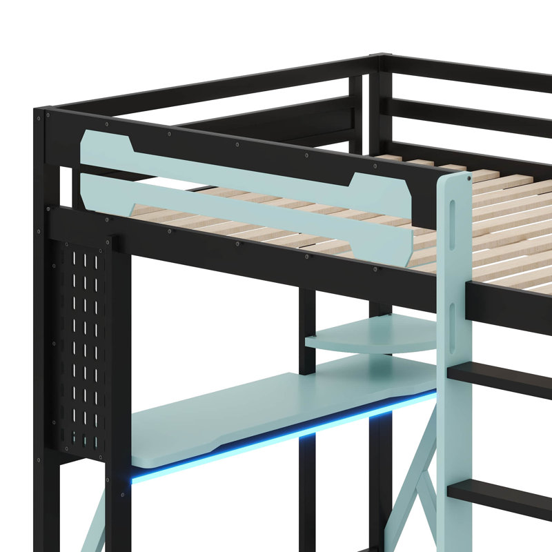 Full Size Wood Loft Bed With LED, Desk And Shelves, Wood Gaming Loft Bed, Black/Blue
