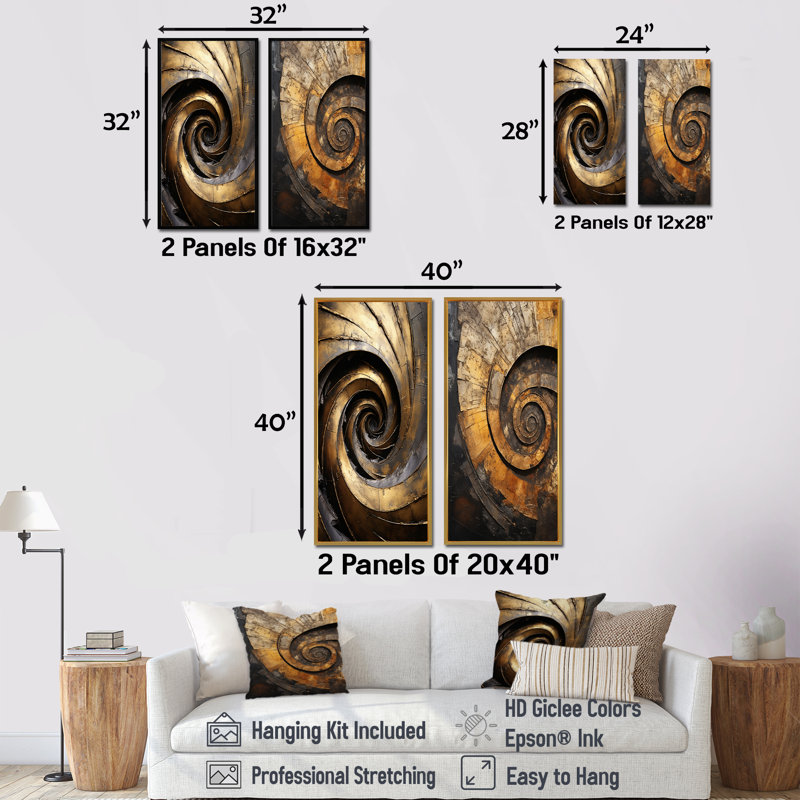 «Gold Black Timeless Turn - Abstract Spirals», ensemble de 2 reproductions d'art sur toile, H 28 po x l 25 po, Toile tendue
