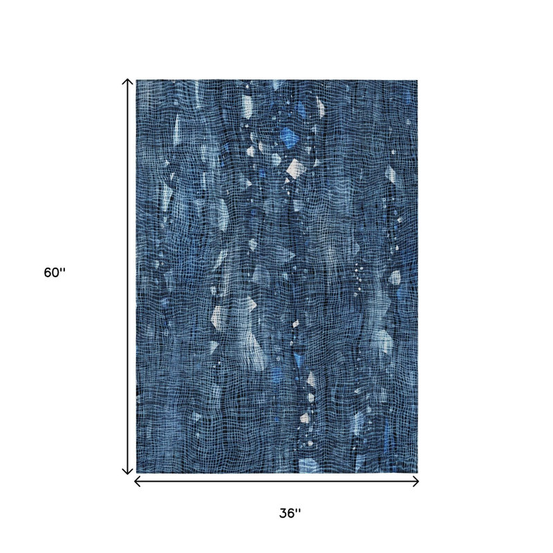 3' X 5' Blue And Ivory Abstract Washable Indoor Outdoor Area Rug