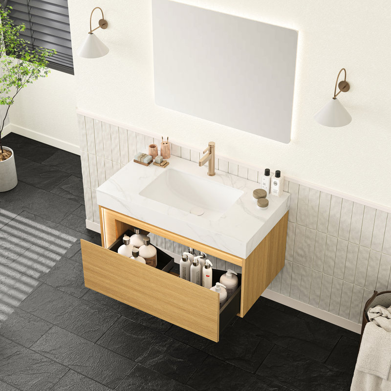 Meuble-lavabo blanc en pierre frittée blanche 36 po, rangement en contreplaqué flottant, grille ultra-mince, tiroir avec éclairage à capteur DEL, DEL de détection de mouvement pré-assemblée,