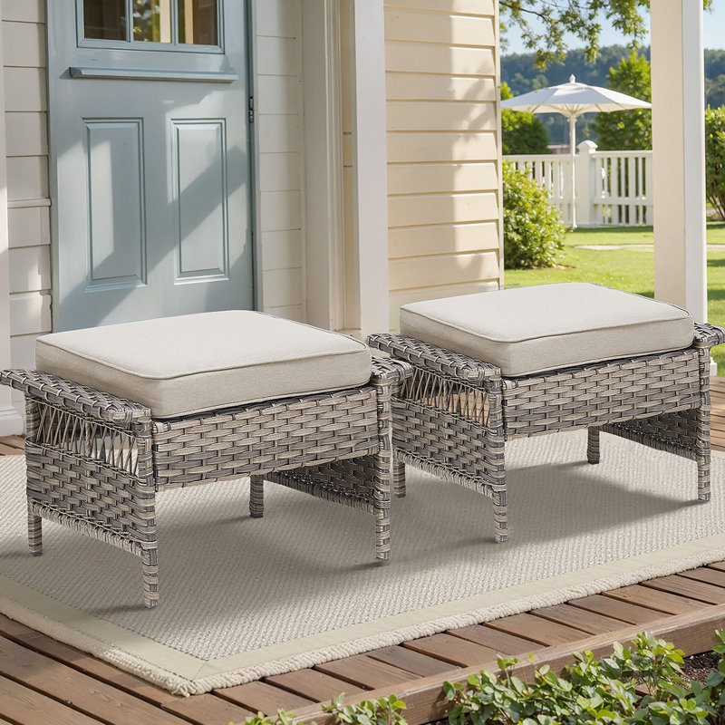 Ensemble de 2 repose-pieds d'extérieur en osier PE avec coussins bleus pour terrasse ou terrasse, Beige