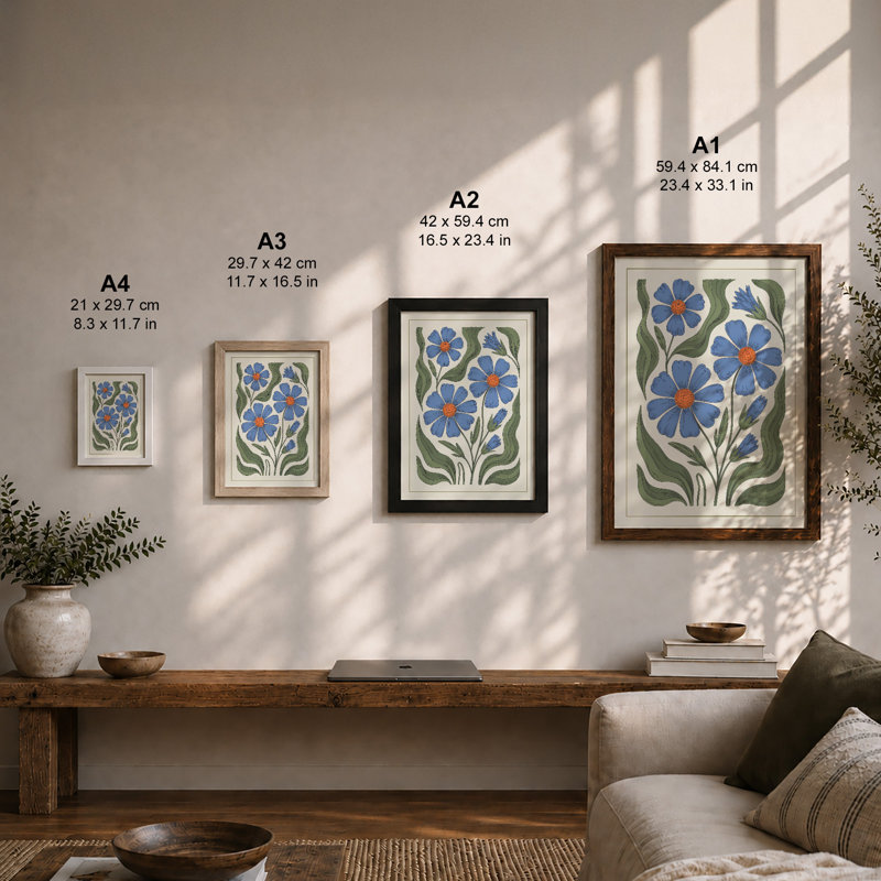 Blue Flowers in Motion Botanical - Framed Print, Unframed, A2 - 59.4 x 42.0 cm