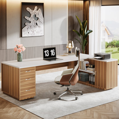85.8" L-Shaped Executive Desk with File Cabinet