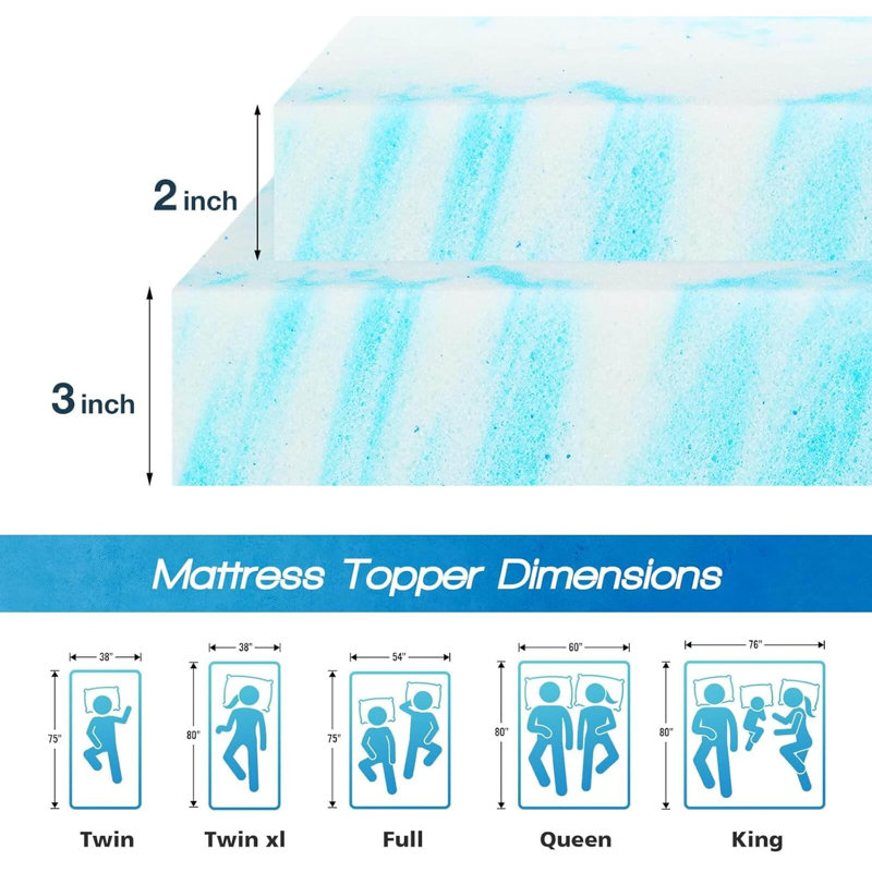 3 Inch Gel Memory Foam Mattress Topper  Cooling Mattress Thick Pad Swirl Infused Bed Topper Ventilated Breathable, , Twin, 2"