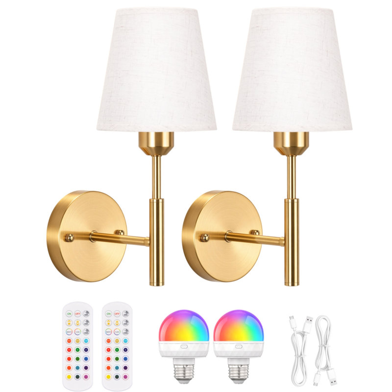 Ensemble de deux appliques murales rechargeables sans fil à piles avec télécommande, avec 5 ampoules à intensité variable détachables