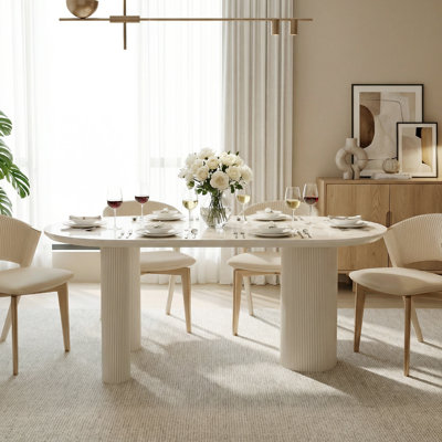 63" Cream Oval Dining Table with Glossy Sintered Stone Top and Fluted Wood Base
