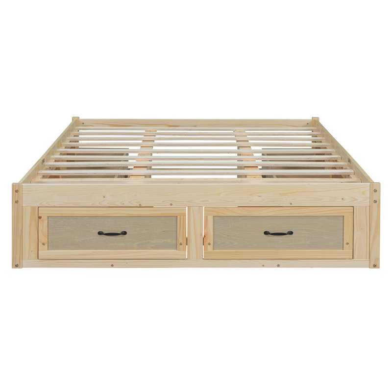 Lit plateforme 6 tiroirs avec rangement, Naturel antique, Grand lit
