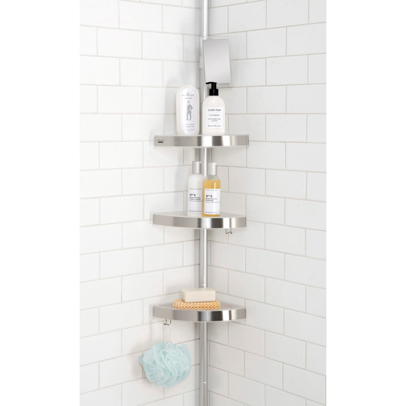  Support de tension à 3 niveaux avec miroir antibuée | Organisateur de douche du sol au plafond | Support de rangement réglable pour salle de bain | Aucune installation de perceuse