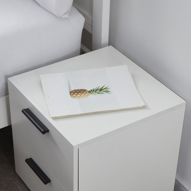 White Chipboard 2-Drawer Nightstand with Black Handles