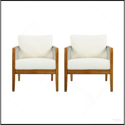 Chaises club d'extérieur (ensemble de 2), structure en bois d'acacia avec dossier en corde, coussins beiges hydrofuges pour patio / cour arrière / terrasse, brun foncé