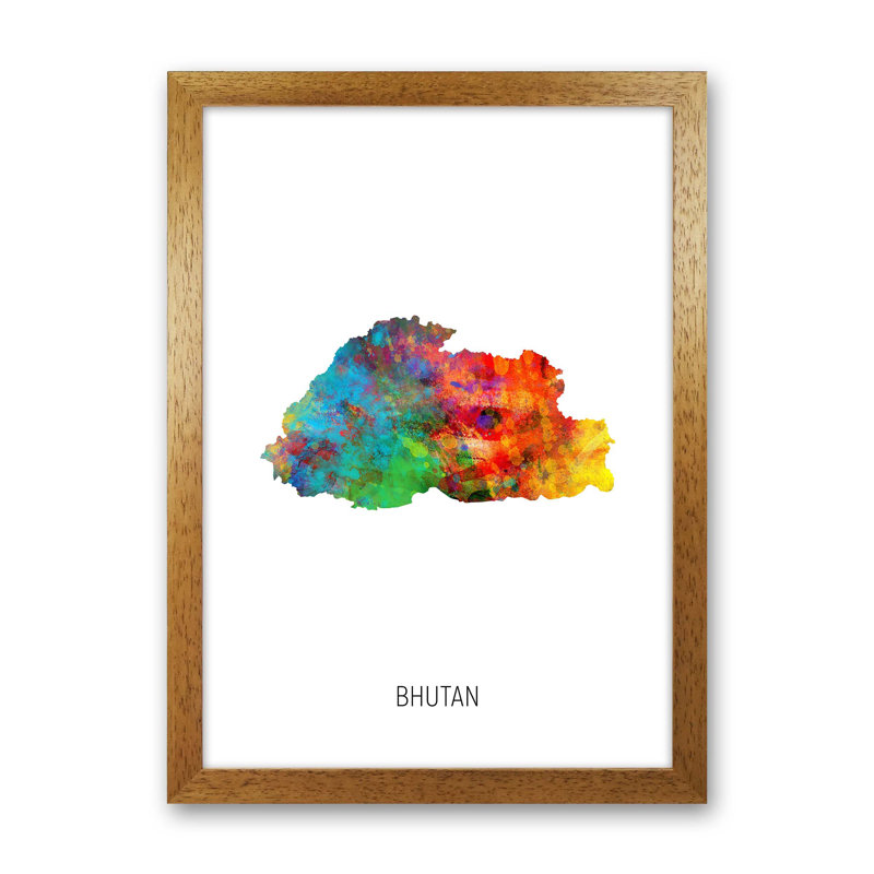 Bhutan Watercolour Map by Michael Tompsett - 1 Piece Wall Art, 34cm H x 25cm W x 3cm D, Brown Framed
