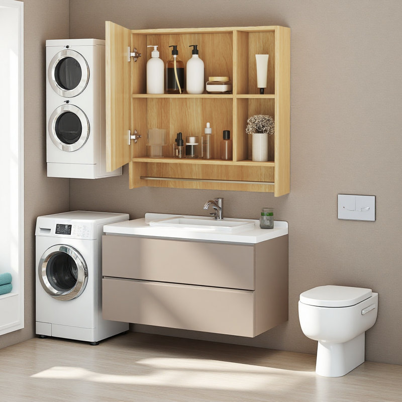 Armoire à pharmacie de salle de bain avec miroir 2 en 1 avec 4 compartiments de rangement et porte-serviettes
