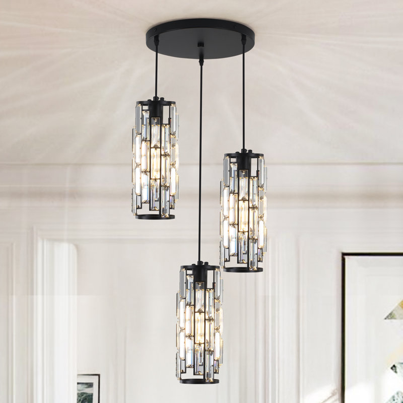 Luminaire suspendu cylindrique à 3 lumières avec accents de cristal Grasmere, Noir