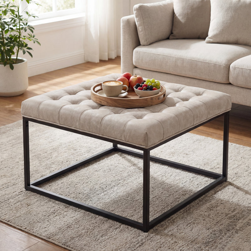 28" Square Ottoman, Tufted Footstool For Living Room, Upholstered Coffee Table With Metal Frame, Faux Leather, Ivory, Beige