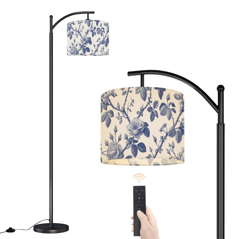 Lampe sur pied à arc avec abat-jour réglable Floral bleu blanc textile plantes grimpantes Toile sur pied Lampe avec 3 températures de couleur à intensité variable pour poteau haut avec interrupteur au pied pour la chambre à coucher