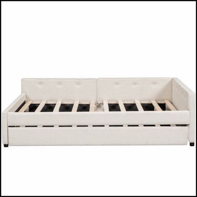 Upholstered Platform Bed with USB Charging and Trundle for Extra Sleeping or Storage, Combining Comfort and Modern Convenience.