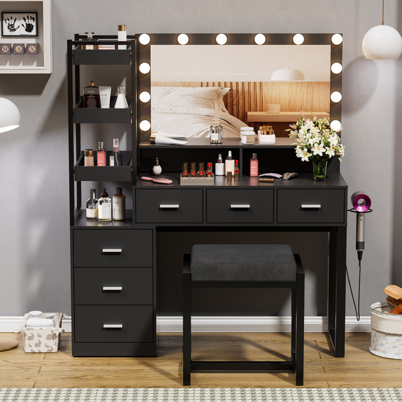 Ensemble coiffeuse avec miroir lumineux Ipava, Noir / brun