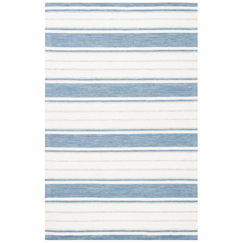 Starner Striped Handmade Tufted Wool Ivory/Light Blue Area Rug, Rectangle 5' x 8'