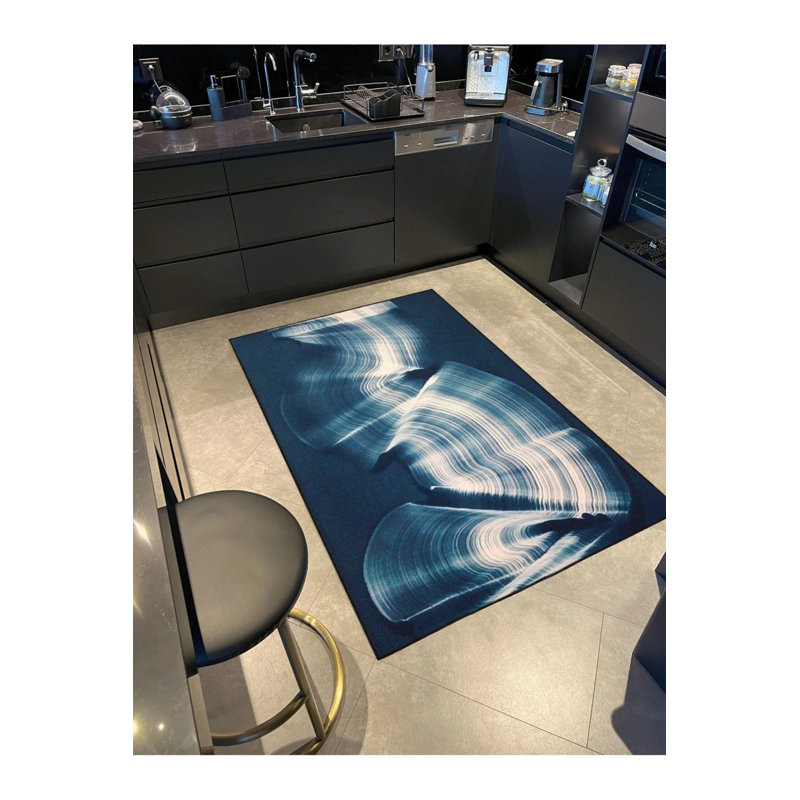 Tapis décoratif bleu et tapis lavable, Rond 3 pi 4 po