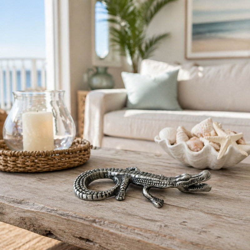 Sculpture décorative en aluminium représentant un alligator, idéale pour la décoration intérieure – Objet de décoration moderne pour le salon, à poser sur une étagère ou une table – 28 cm, argent et gris anthracite