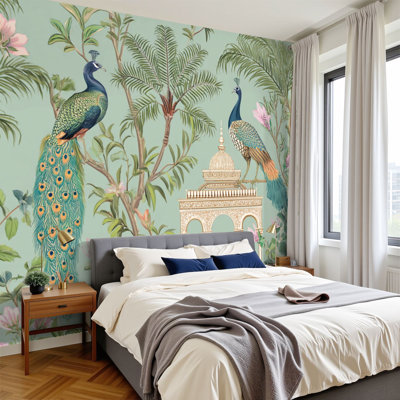 Papier peint auto-adhésif mural de style traditionnel moghole arche de paon plante d'oiseau H 100 po x l 144 po Décoration murale auto-adhésive amovible en PVC pour chambre à coucher, bureau à domicile