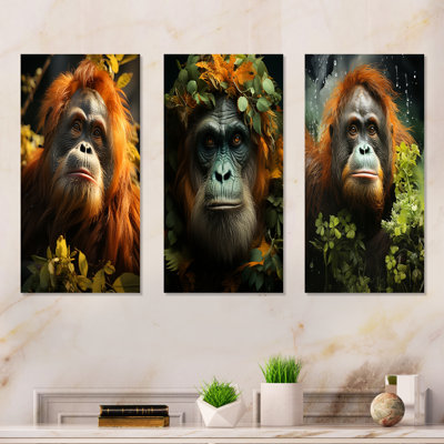 Apes Orangutan Sunlit Jungle - Orangutan Metal Art Print Set Of 3