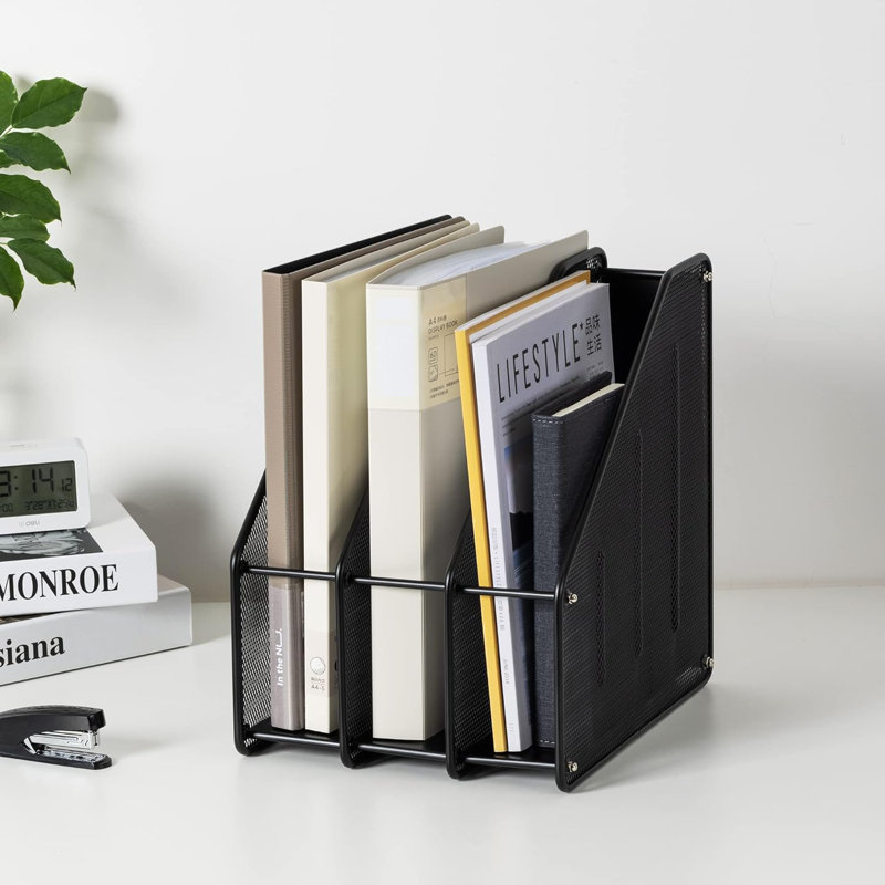 Mesh Magazine File Holder, Desk Organizer File Folder Document Rack For Office Organization And Storage, 3 Vertical Compartments, Black