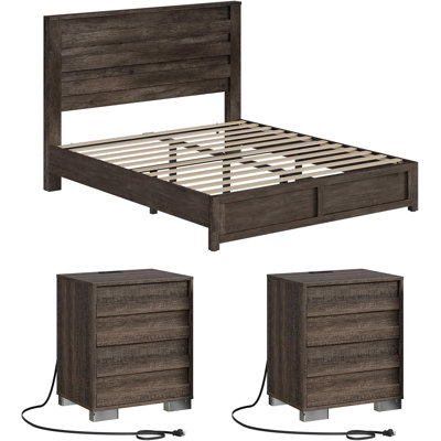 Louby Farmhouse 3 Piece Platform Bed And Nightstand Bedroom Set