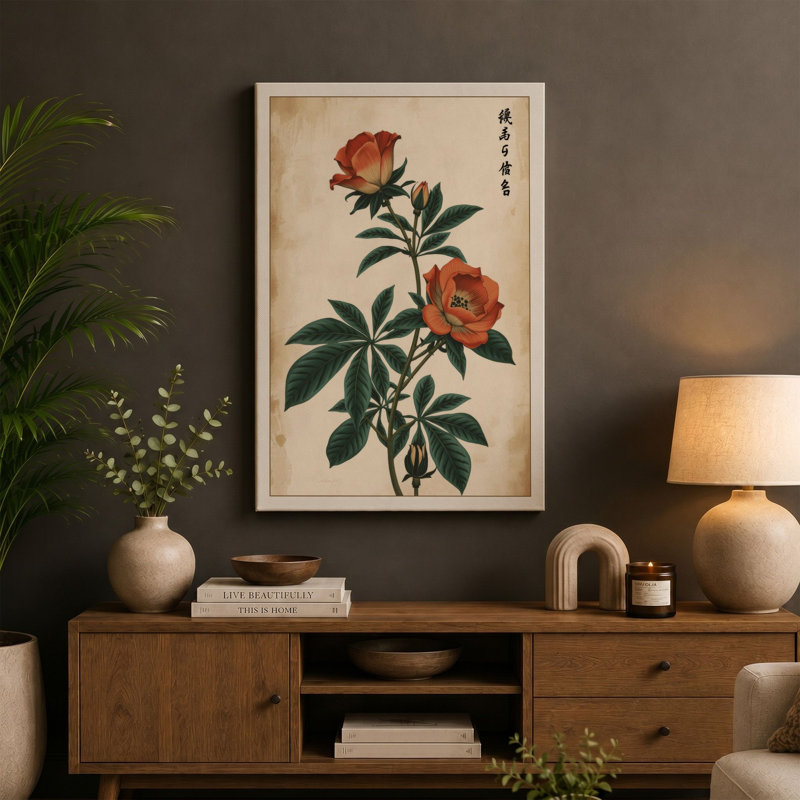 Red Roses with Calligraphy Botanical - Wrapped Canvas, 30x20 - 76.2 x 50.8 cm, Terracotta Border