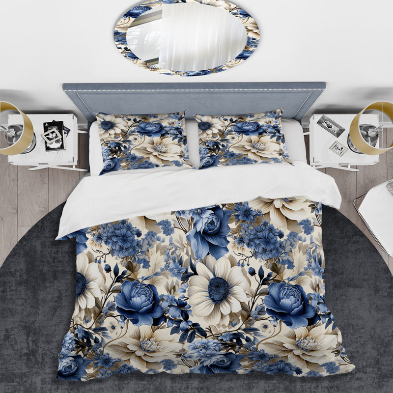 Cobalt Blue Floral Bouquets Victorian Pattern I - Ensemble de housse de couette à motif floral