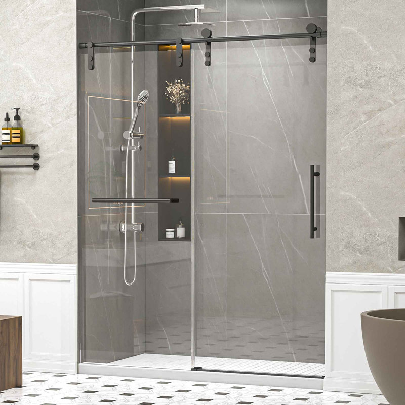 GT 56-60" W x 76" H Frameless Sliding Shower Doors Without Soft-Close, 5/16" (8mm) Thick SGCC Tempered Glass Door, With Towel Rail And Handle, Chrome