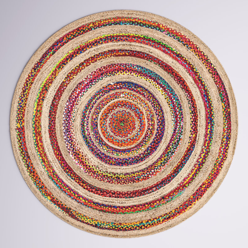 Holtby Natural Fiber Flat Weave Chindi And Jute Geometric Rug, Round 5'