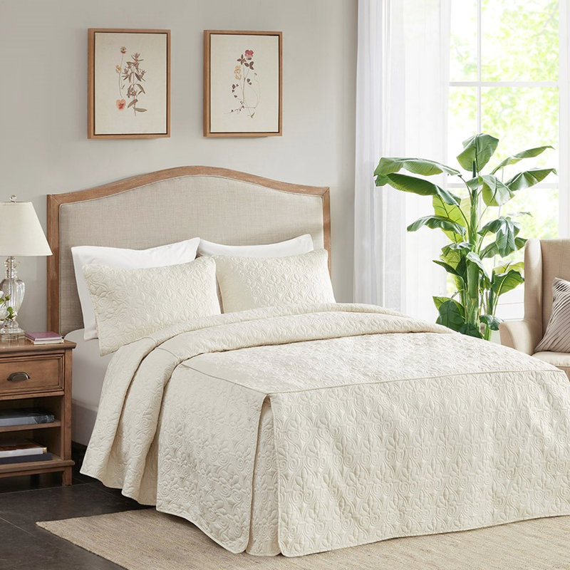 Grand couvre-lit 3 pièces crème - plissé en coin, en microfibre, rembourré, tissu en microfibre serein, détails fins, Crème