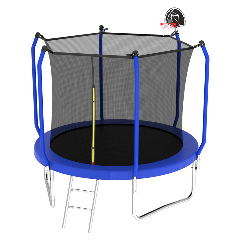 Blue 10FT Round Trampoline with Enclosure and Basketball Hoop