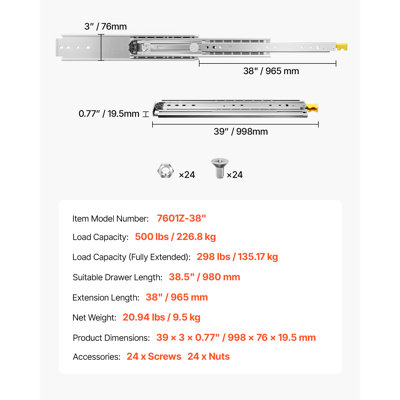 1 Pair Full Extension Drawer Slides 18 20 22 28 30 32 36 38 40 44 48 52 56 60 in, 500 lbs Load Capacity Locking Drawer Slides, Ball Bearing with Lock Side Mount Drawer Slide Rail