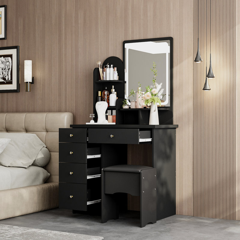 Moriah 55.1'' H Makeup Vanity Set with Stool and Mirror, Black