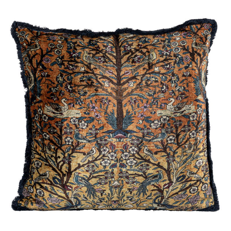 Vintage Multicolor Velvet Square Throw Pillow with Fringe