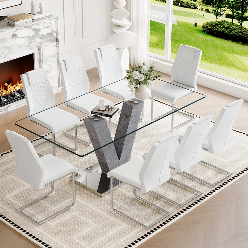 Ensemble de table de salle à manger 71 po en verre trempé 71 po pour 6 à 8 personnes - Ensemble de salle à manger en verre trempé avec chaises en cuir synthétique