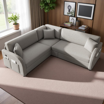 Canapé-lit en forme de L de 85,1 po avec lit escamotable, canapé-lit convertible surdimensionné avec poche latérale et port USB, canapé modulaire rembourré Teddy, pour salon, appartement, bureau