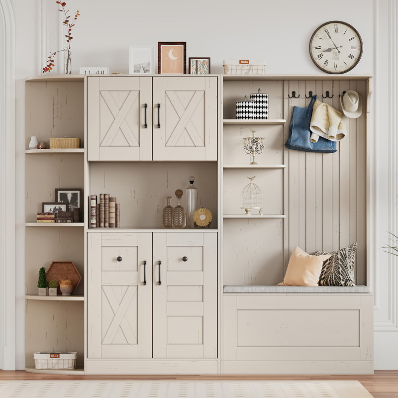 Multifunctional Left-Right Combination Hall Cabinet  With Storage And 4 Hooks, Beige