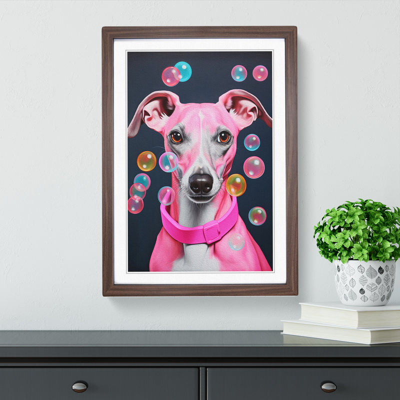 Whippet Bubble Gum Painting No.2 Framed Print, 64cm H x 46cm W x 2cm D, Walnut 