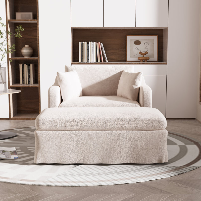 Oversized Upholstered Slipcovered Armchair Comfy Couch Sofa With Ottoman, Beige